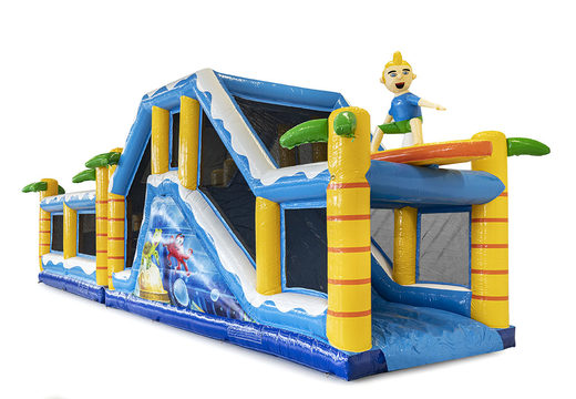 Inflatable modular obstacle course in surf theme with matching 3D objects for children. Buy inflatable obstacle courses online now at JB Inflatables UK
