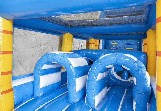 Obstacle course 13.5 meters long in a surf theme with appropriate 3D objects for children. Order inflatable obstacle courses now online at JB Inflatables UK