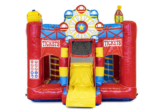 Buy mini inflatable bouncy castle with slide in circus theme for kids. Order inflatable bouncy castles with slide at JB Inflatables UK