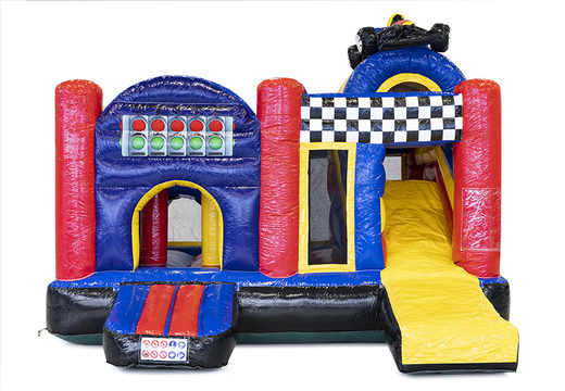 Medium inflatable multiplay bouncy castle in formula 1 theme for children. Order inflatable bouncy castles online at JB Inflatables UK