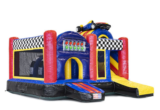 Multiplay bouncy castle in theme formula 1 with slide for children. Buy inflatable bouncy castles online at JB Inflatables UK
