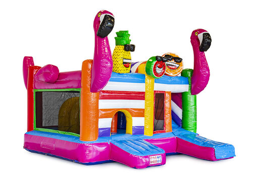Medium inflatable multiplay bouncy castle in flamingo theme for children. Buy inflatable bouncy castles online at JB Inflatables UK