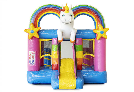 Buy mini inflatable bouncy castle in colorful unicorn theme with slide. Inflatable bouncy castles for kids for sale at JB Inflatables UK