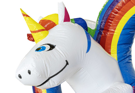 Unicorn-themed mini inflatable bounce house with slide to buy for kids. Order inflatable bounce houses with slide online at JB Inflatables UK