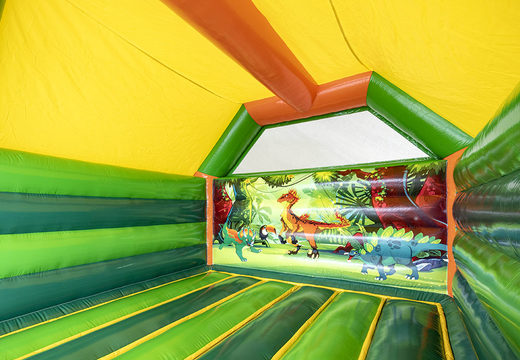 Bespoke World of dinos A Frame Super bouncy castle with unique 3D objects and dino illustrations for various events for sale. Buy custom inflatable promotional bouncers online from JB Inflatables UK now