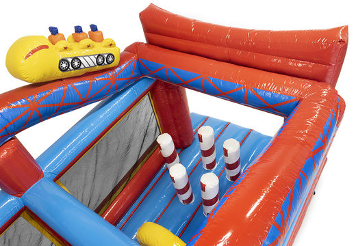 Buy a 17 meter wide rollercoaster themed obstacle course with 7 game elements and colorful objects for kids. Order inflatable obstacle courses now online at JB Inflatables UK