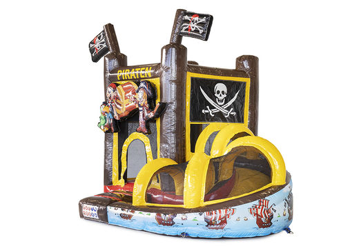 Buy online mini flevojump bouncy castle with pirate slide in your own corporate identity at JB Inflatables UK. Request a free design for inflatable promotional bouncy castles in your own corporate identity