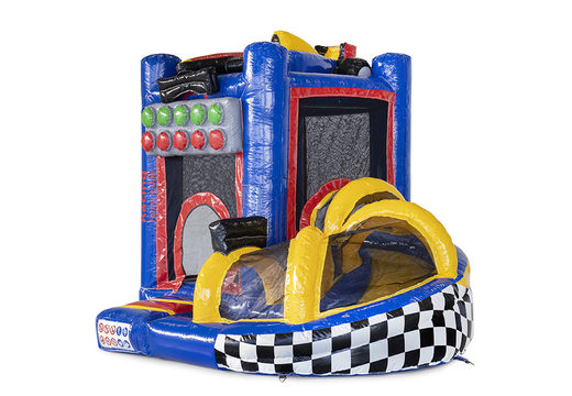Bespoke Flevojump Mini with Slide Formule 1 bouncy castle made at JB Promotions UK. Order online promotional inflatables in all shapes and sizes at JB Inflatables UK