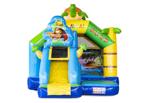 Slide combo inflatable bouncy castle in hawaii theme for sale at JB Inflatables. Order inflatable bouncy castles with slide online at JB Inflatables UK