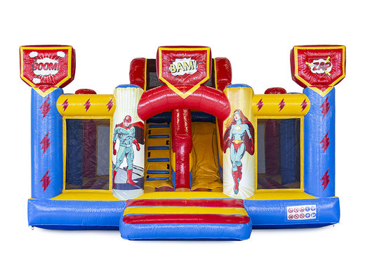 Order custom made Inflatable Hello 29 Slidebox Superhero bouncy castle at JB Inflatables UK. Request a free design for inflatable bouncy castles in your own corporate identity at JB Promotions