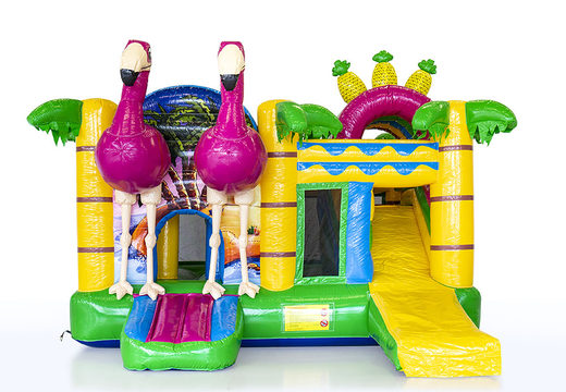 Order Inflatable custom made multiplay bouncy castle Flamingo at JB Inflatables UK . Request a free design for inflatable bouncy castles in your own style at JB Promotions UK 