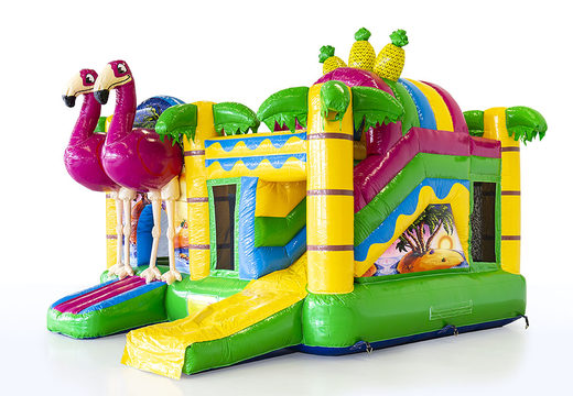 Custom-made Multiplay inflatables Flamingo are perfect for camping. Order custom-made bouncy castles at JB Promotions UK 