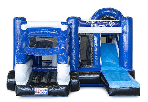 Order inflatable Technisches Hilfswerk custom made multiplay bouncy castles online at JB Promotions UK; specialist in inflatable advertising items such as custom bouncers