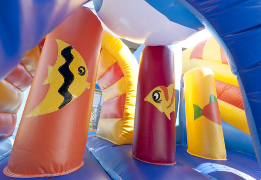 Multiplay whale bounce house with a slide, fun objects on the jumping surface and eye-catching 3D objects for kids. Order inflatable bounce houses online at JB Inflatables UK