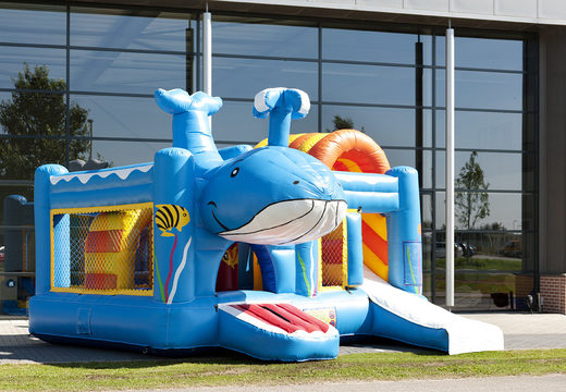 Buy medium inflatable whale themed multiplay bouncy castle with slide for kids. Order inflatable bouncy castles online at JB Inflatables UK