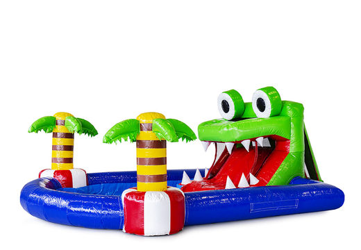 Mini park bouncy castle with water slide and swimming pool in a crocodile theme for kids. Buy bouncy castles online at JB Inflatables UK