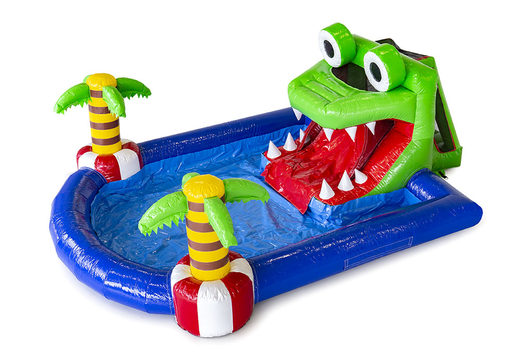 Buy large inflatable bouncy castle with water slide and pool in the mini park crocodile theme for children. Order inflatable bouncy castles online at JB Inflatables UK