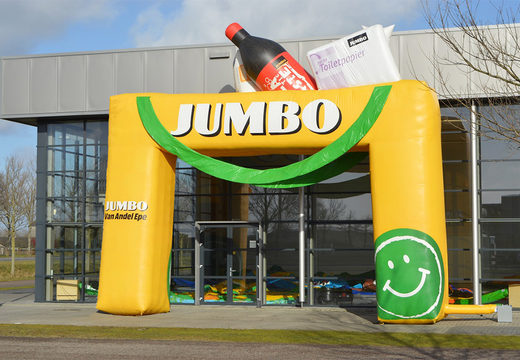 Buy a custom made jumbo inflatable advertisement arch with 3D objects at JB Promotions UK. Request a free design for an bespoke inflatable arch in your own style now