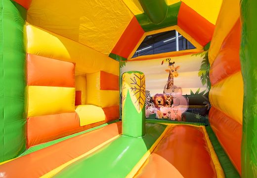 Order a midi multifun blue inflatable bouncy castle with roof for kids in jungle theme. Buy bouncy castles online at JB Inflatables UK 