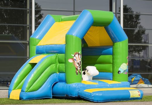 OrOrder a midi multifun blue inflatable bouncy castle with roof for kids in farm theme. Buy bouncy castles online at JB Inflatables UK 