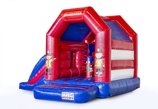 Order a midi multifun blue inflatable bouncy castle with roof for kids in fire brigade theme. Buy bouncy castles online at JB Inflatables UK 
