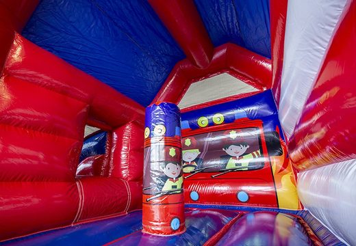 Buy a midi multifun inflatable bouncy castle with roof for kids for commercial use in fire brigade theme at JB Inflatables UK 