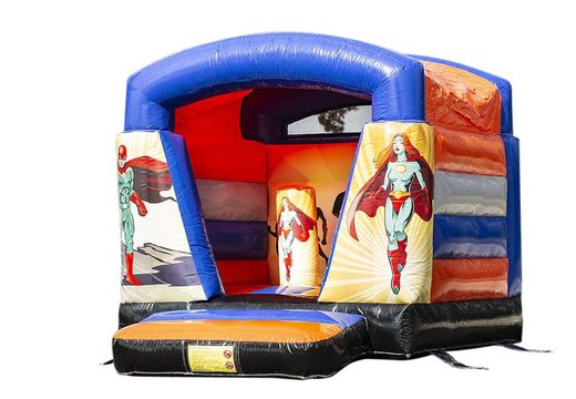 Small inflatable bounce house superheroes blue and red with roof for sale. Available at JB Inflatables UK online