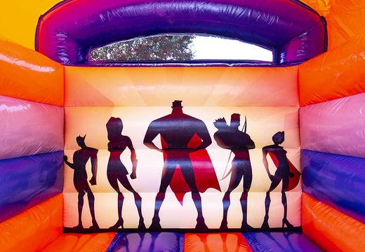 Small commercial use bouncy castle for sale in superhero theme blue and orange for kids. Buy bouncy castles at JB Inflatables UK online