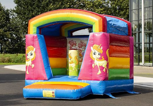 Mini roofed inflatable bouncy castle in unicorn colourful theme for kind for sale. Visit us at JB Inflatables UK online