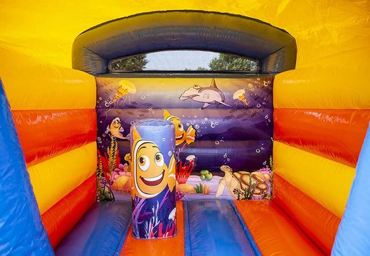 Small blue bouncer with roof for children for commercial use in sea theme. Buy bouncers at JB Inflatables UK online