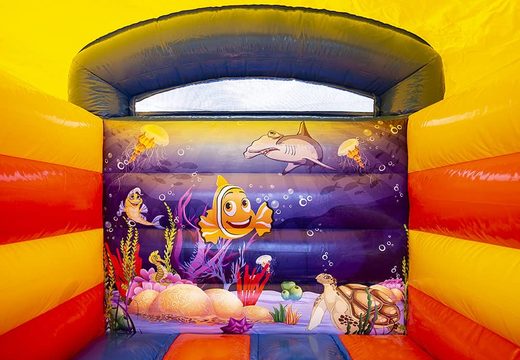 Small inflatable bouncer with roof in ocean theme blue for sale. Visit us at JB Inflatables UK online