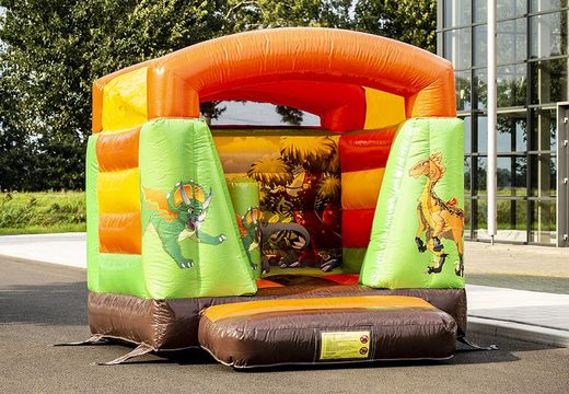 Small inflatable bounce house with roof in dino theme to buy orange green for kids. Find us at JB Inflatables UK online