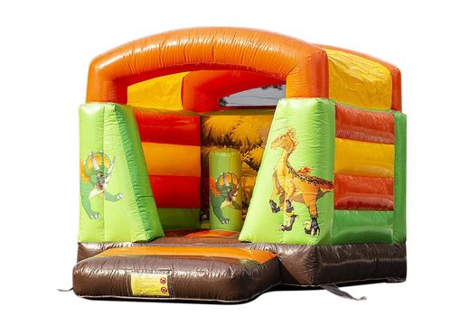 Small inflatable bouncy castle orange green for children for sale in dinosaur theme. Bouncy castles available at JB Inflatables UK online