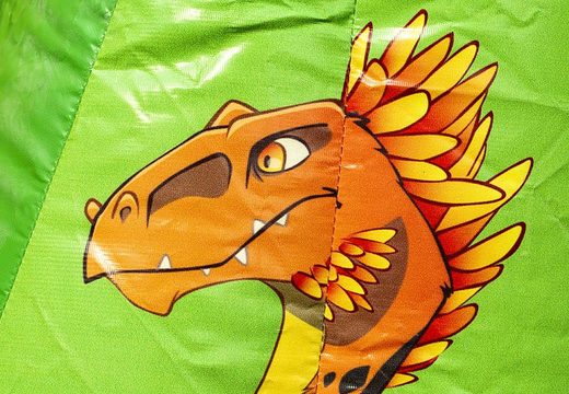 Small bouncer with roof to buy in green and orange color theme with dinosaur. Available at JB Inflatables online