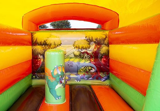 Mini roofed bouncy castle yellow and green in dinosaur theme to buy for children. Buy bouncy castles online at JB Inflatables UK 