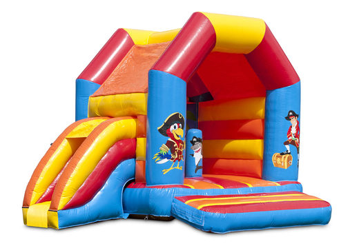 Midi multifun inflatable bounce house in for kids for sale in a colour combination of red yellow blue and orange in pirate theme. Online available at JB Inflatables UK    