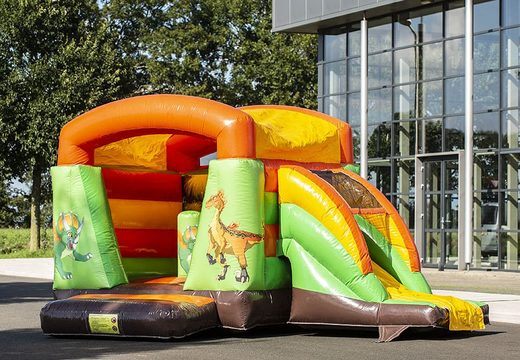 Inflatable multifun bouncer with slide green in dino theme for kids to buy. Buy bouncers online at JB Inflatables UK 