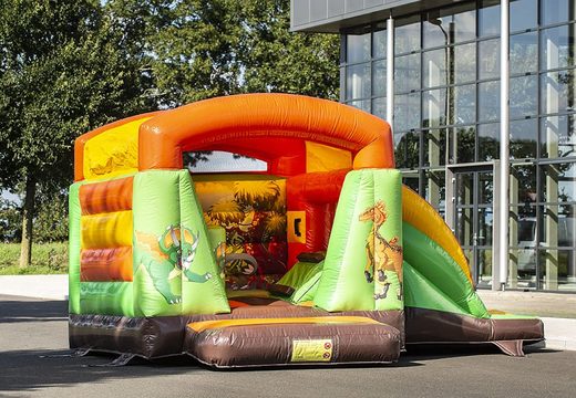 Mini multifun bounce house with slide in dinosaur theme for birthday party for sale. Buy bounce houses online at JB Inflatables UK 