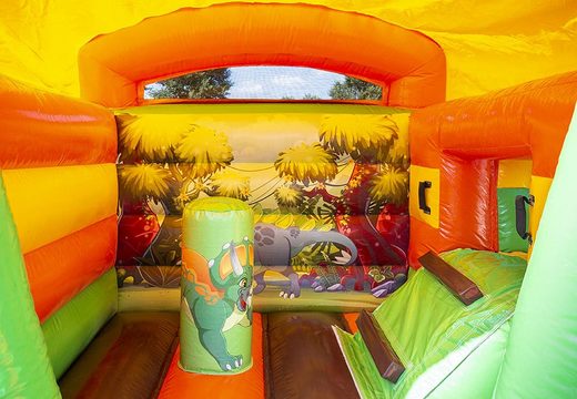 Purchase a small backyard multifun bouncy castle with slide in dinosaur theme for kids. Bouncy castles are online available at JB Inflatables UK 