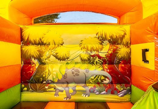 Buy a small roofed multifun inflatable bouncy castle with slide orange and green in dino theme. Buy bouncy castles at JB Inflatables UK online