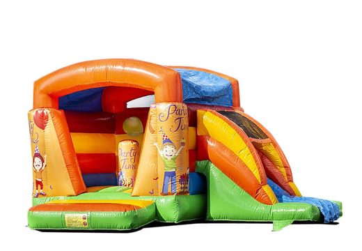 Small inflatable bouncer with roof and slide in party theme to buy at JB Inflatables UK online