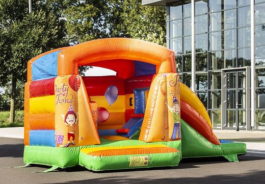Purchase a small inflatable bouncy castle orange green yellow with slide for kids. Find our bouncy castles at JB Inflatables UK online