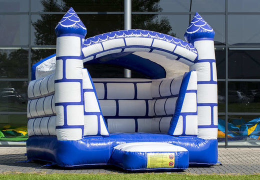 Small bounce house with roof for kids to buy in blue and white castle theme. Buy bounce houses online at JB Inflatables UK 