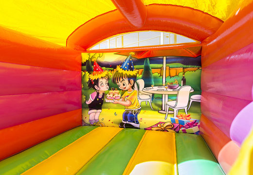 Mini-roofed party-themed bouncy castle for kids for sale. Buy bouncy castles now at JB Inflatables UK 