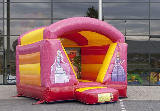 Small roofed bouncy castle with pink princess theme for sale. Bouncy castles available at JB Inflatables UK online