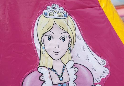 Small open pink with a mix of yellow bouncer for children for sale in princess theme. Buy bouncers online at JB Inflatables UK 