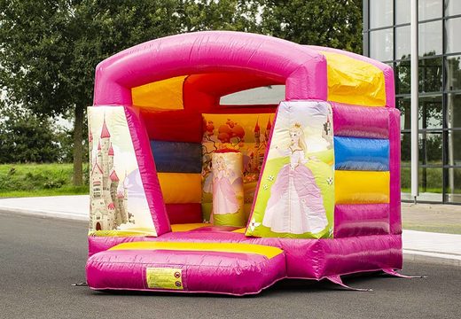 Small bounce house pink and yellow covered with princess for sale. Buy our bounce houses at JB Inflatables UK online