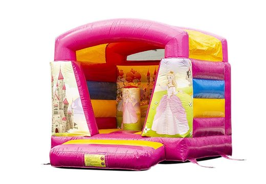 Small inflatable bouncy castle with roof pink in princess theme to buy for kids. Available at JB Inflatables UK online