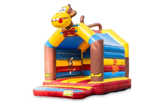 Buy a standard bouncy castle for children in striking colors with a large 3D object in the shape of a monkey on top. Buy inflatables online at JB Inflatables UK