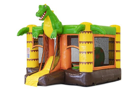 Mini multiplay dinosaur-themed inflatable bouncy castle available to buy for kids. Order bouncy castles with slide online at JB Inflatables UK